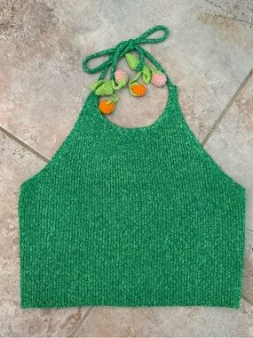 Crochet Fruit Green Halter Top Women’s Large 3D Cottagecore Boho Festival Summer